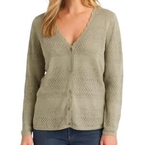 Frye Womens Sage Green Pointelle Knit Scalloped V-Neck Cotton Cardigan Size L
